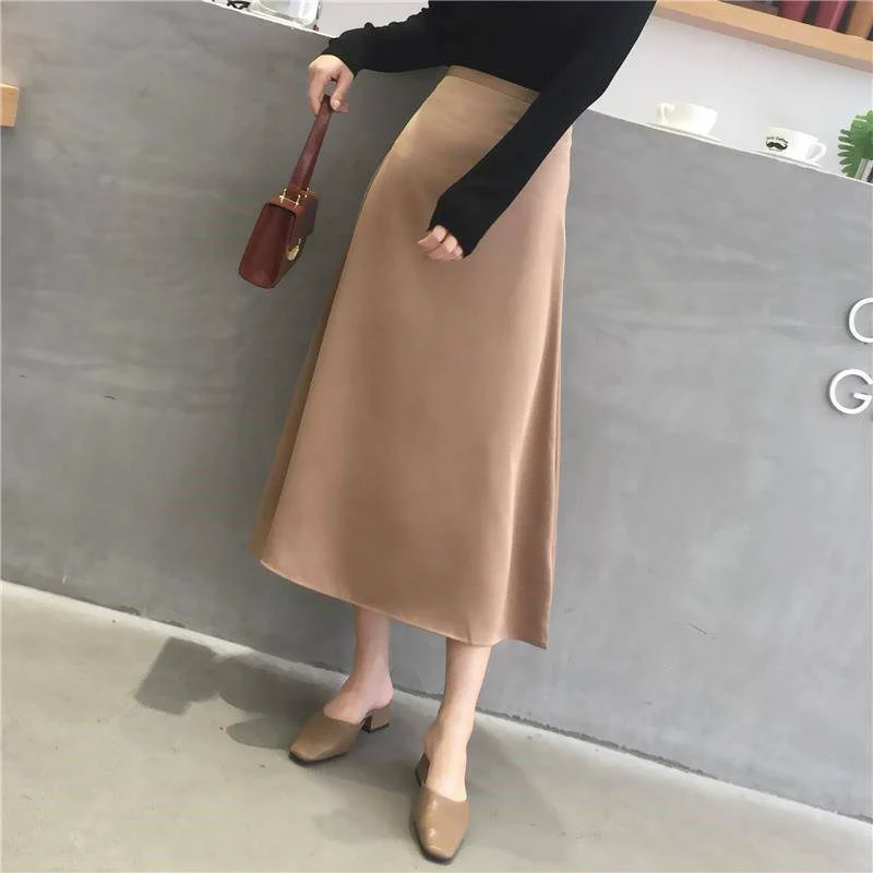 Корейские летние женские длинные юбки с высокой талией атласная юбка женская уличная одежда большого размера миди трапециевидная юбка jupe femme - Цвет: khaki