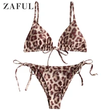 ZAFUL Leopard Tie Side Bikini Set For Women Low Waisted Spaghetti Straps Bathing Suit Triangle Padded Bikini Sets Sexy Swimwear zaful bikini new padded spaghetti straps bikini set cami string bralette bathing suit swimwear brazilian swimsuit women biquni