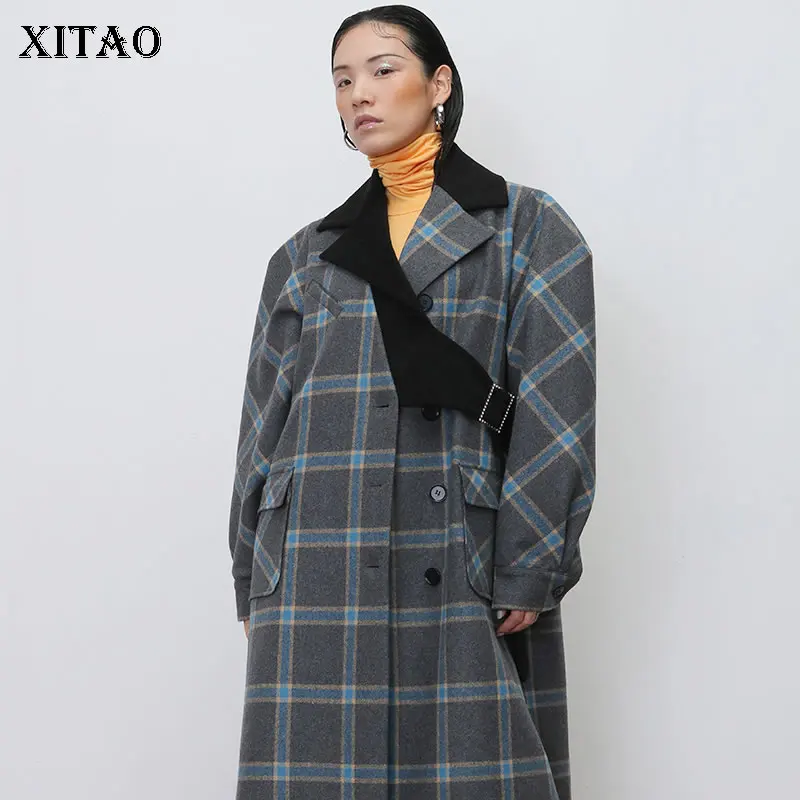 

XITAO Plaid Long Blends Women False Two Piece Pocket 2019 Winter Single Breast Turn Down Collar Wide Waist Casual Coat GCC2855