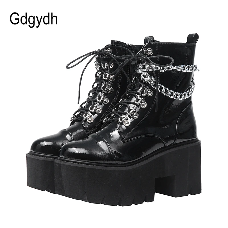 Gdgydh Patent Leather Gothic Black Boots Women Heel Sexy Chain Chunky Heel Platform Boots Female Punk Style Ankle Boots Zipper