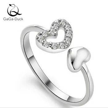 

New Beautiful 925 Sterling Silver Fashion Jewelry Small Fresh Double Heart Shaped Love Crystal Women Opening Rings R132