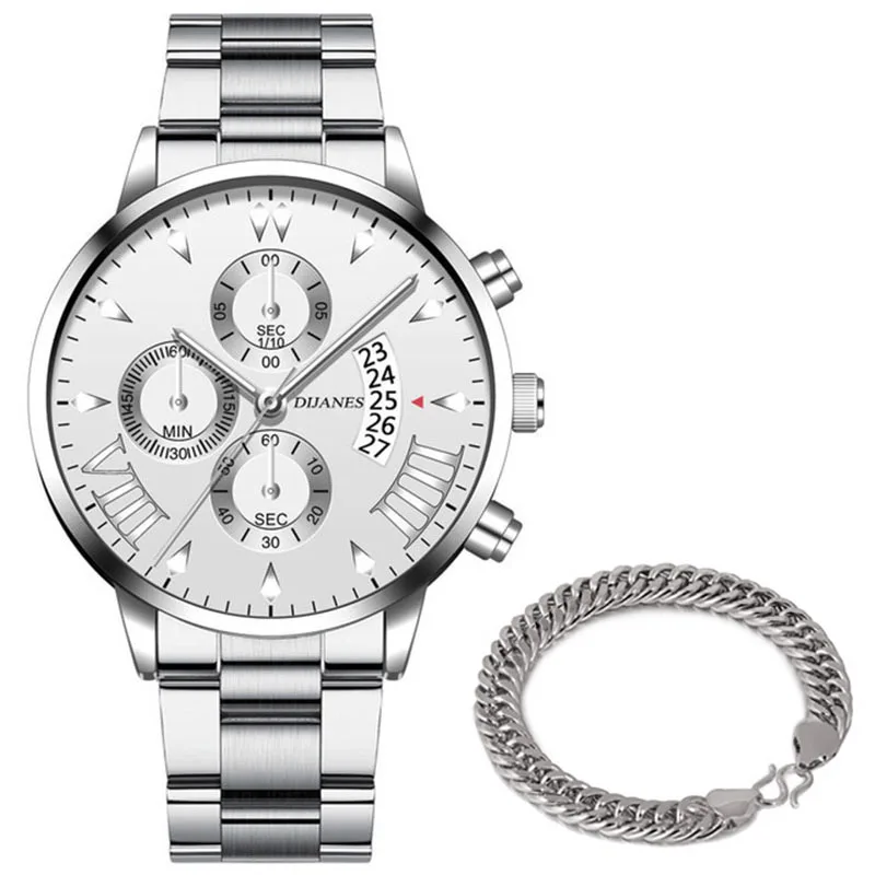 New Men Business Stainless Steel Quartz Wristwatch Fashion Mens Watches Calendar Date Clock Man Silver Bracelet Male Watch 