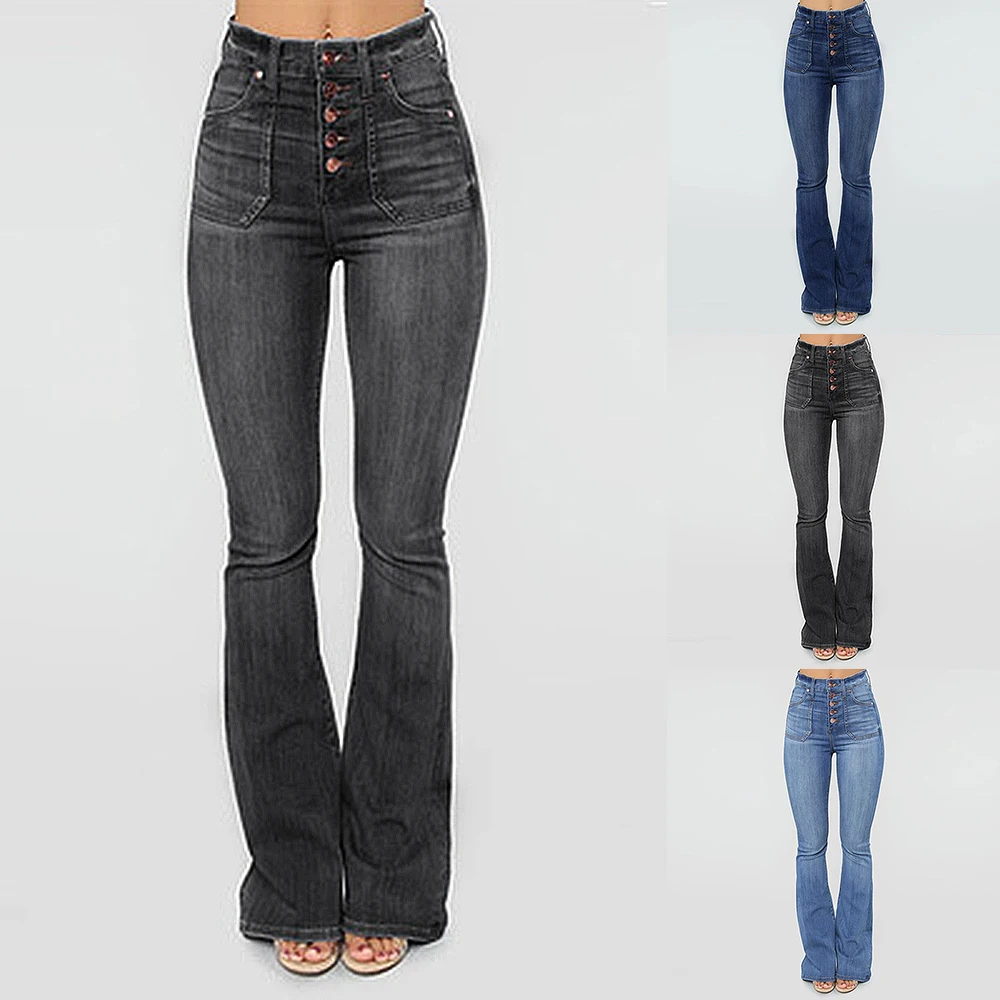 WoMen Fashion Button Slim Jeans Pants Casual Femal Full Length Jeans Trousers Thin Flared Washed Demin Jeans Trousers Nice