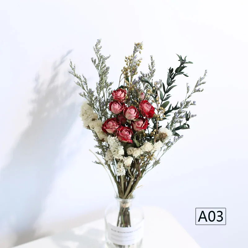 Сухой цветок искусственный букет из сушеных цветов розы Forget-me-not листья эвкалипта северные растения украшение для дома комнаты с вазой - Цвет: A03with vase