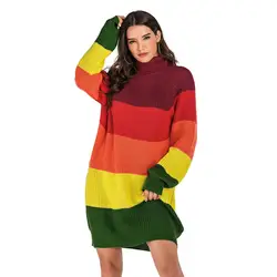 Радужный полосатый свитер для женщин, Повседневный, длинный рукав, цветная, подходящая вязаная водолазка, длинный пуловер, Осень-зима