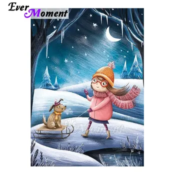 

Ever Moment Modern Wall Decor Craft Handmade Accessories Cartoon Girl And Dog In Winter Diamond Painting Christmas Gift 5L446