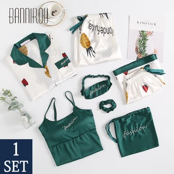 

Women Pajamas Sets Stain Emulation Silk Printed Women Sleepwear Sets Spring Summer Autumn Homewear Pyjamas Sets 2020 7 Pieces