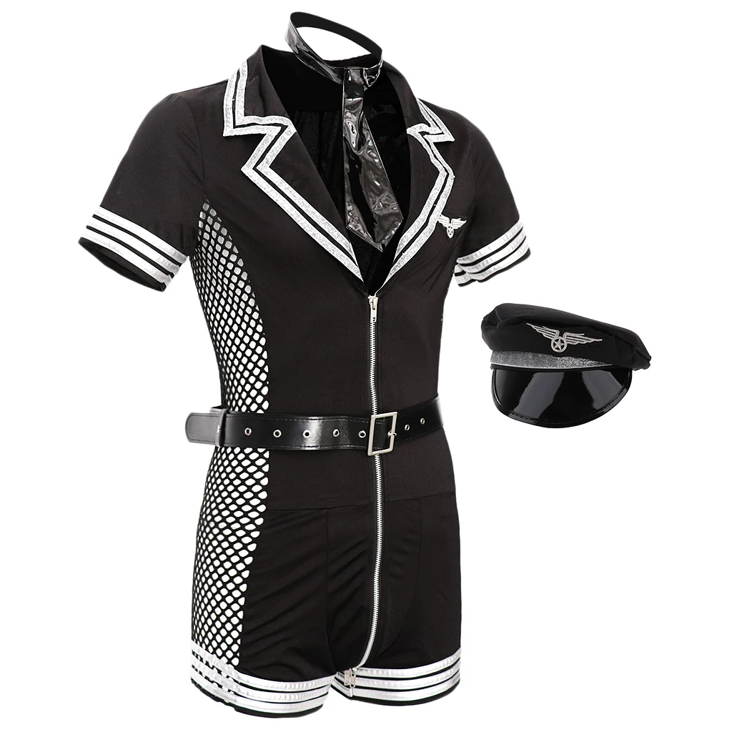 4 pcs Festival Party Mens Airline Pilot Officer Suit Costumes Halloween Role Play Short Sleeve Bodysuit Hat Tie and Belt