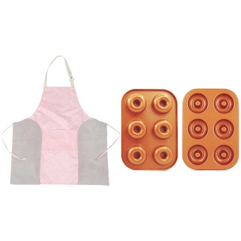 

2 Pcs Nonstick Donut Pan Donut Mold & 1 Pcs Adjustable Kitchen Apron Printed Pocket Buckle Aprons