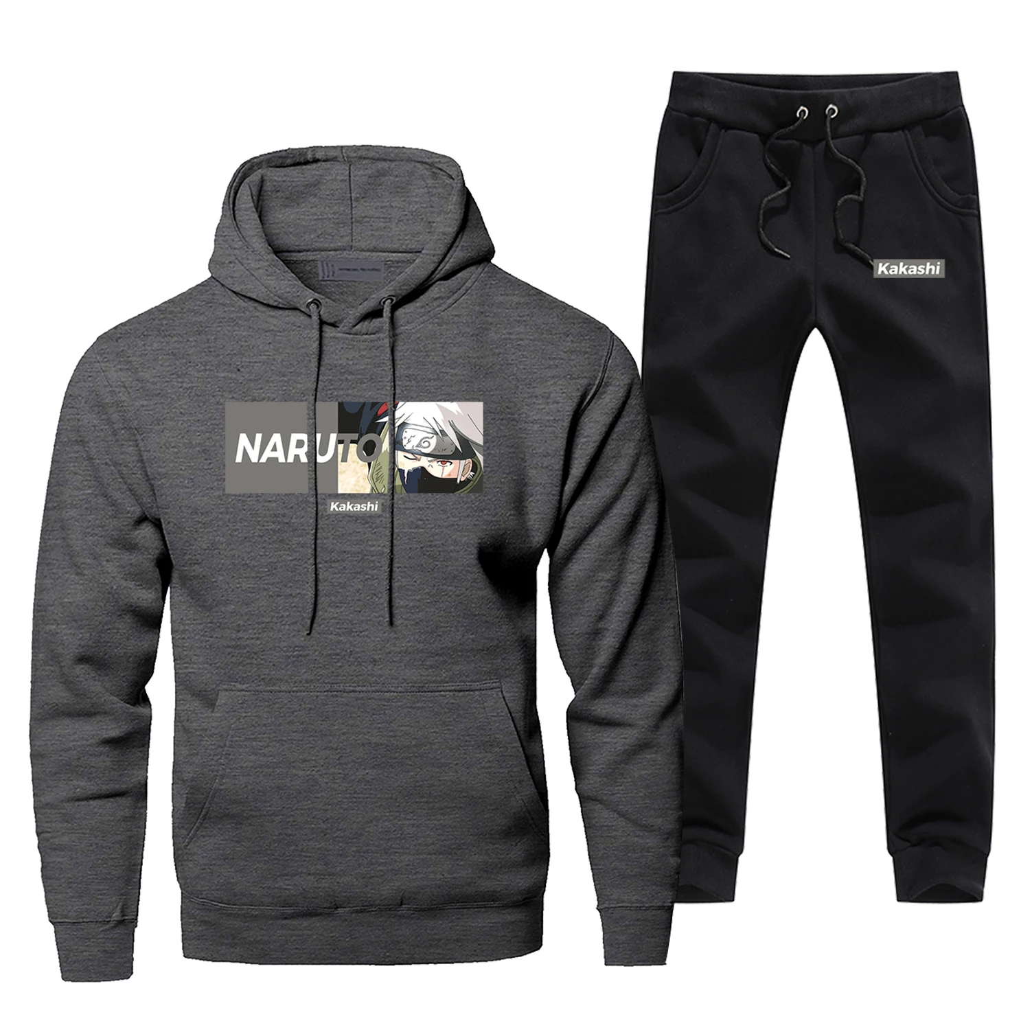 Cool Japanese Anime Naruto Kakashi Print Hoodie Tracksuit Men 2Piece Sets Hoodies+pants Winter Warm Fleece Sportswear Sweatshirt - Цвет: Dark Gray