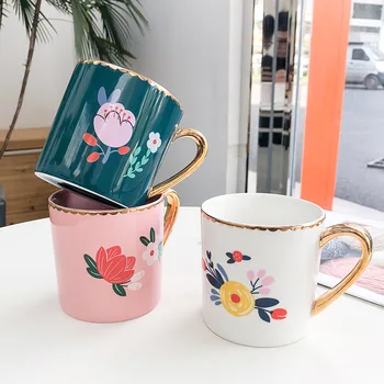 

Nordic Gold Drawing Glazed Ceramic Cup with Handgrip Creative Brief Milk Breakfast Cups Business Office Tea Coffee Cup for Women
