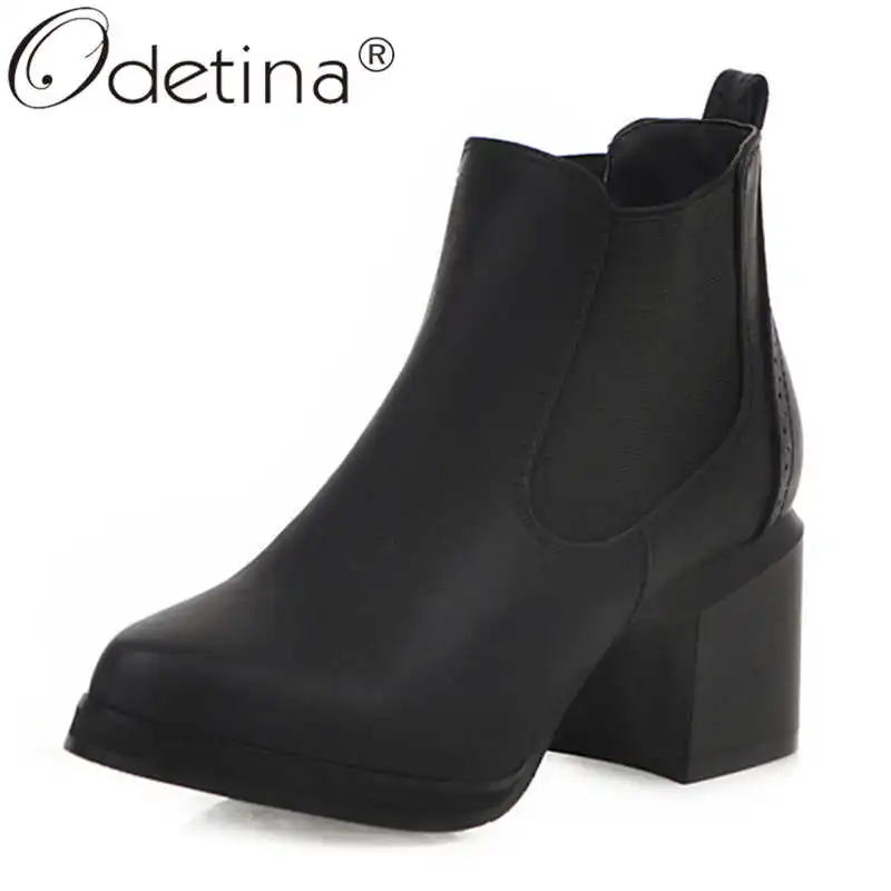 

Odetina Women Fashion Slip On Round Toe Winter Ankle Boots Ladies Casual Platform Block High Heel Sewing Vintage Chelsae Boots