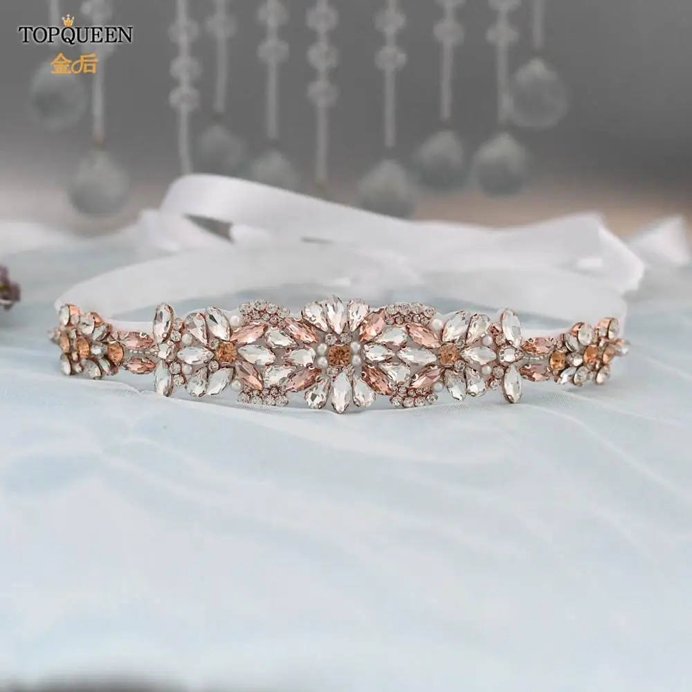 

TOPQUEEN S423 Rose Gold Bridal Belt for Women Fashion Design Rhinestone Bridal Belt Satin Ribbon Sash Belt Custom Bridal Belt