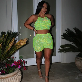

Neon Green Sequins Two 2 Piece Outfits Women Criss Cross Straps Crop Top Hot Shorts Set Club Outfits Party 2 Pcs Matching Sets