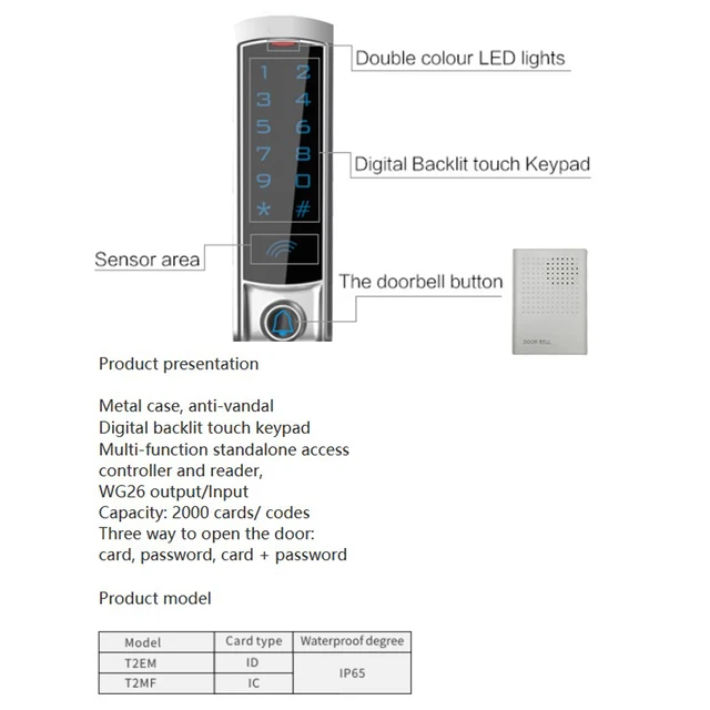 LCD RFID Touch Keypad Access Control System Door Lock, 125KHz EM Card, Waterproof Metal Design, Outdoor RFID Access Control (T2) 4