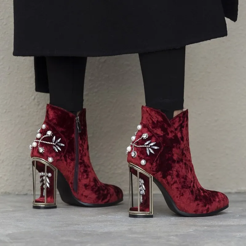 

US4-11 Womens Velvet Leather Round Toe Flowers Bird Cage Heels Rhinestones Crystal Pearls Ankel Boots Shoes 3Colors Plus Size