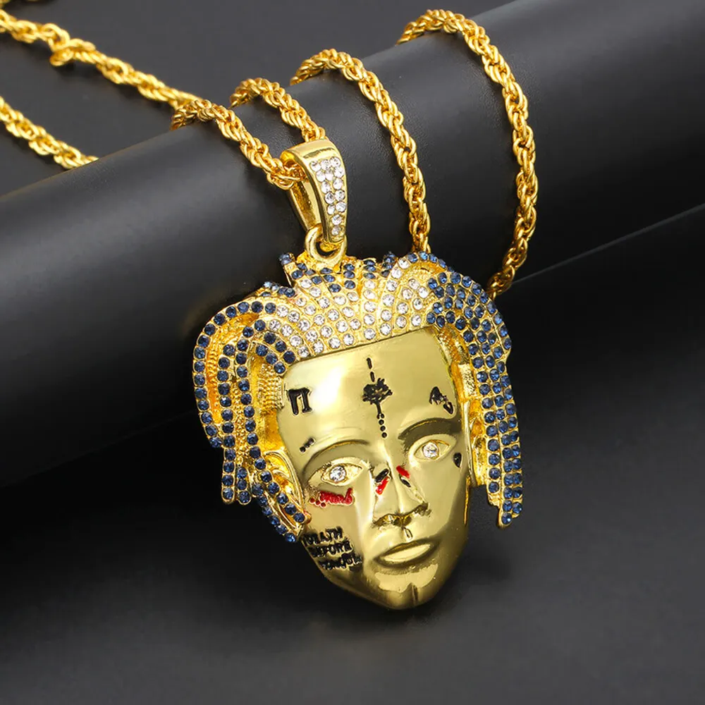 Gold Face Веер Роскошный горный хрусталь Золотой кулон ожерелье длинная цепь хип хоп ювелирные изделия лицо ожерелье s для мужчин женщин подарок - Окраска металла: Gold Face