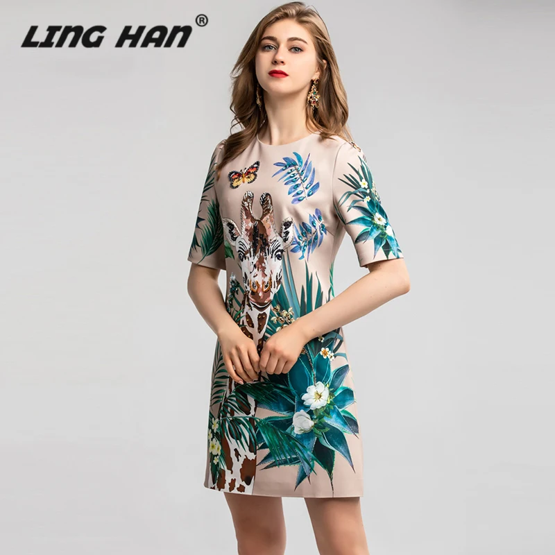 LINGHAN модное мини-платье с бисером для женщин Vestidos с бриллиантовым принтом, платья с коротким рукавом для вечеринок, дизайнерские Весенние Новые
