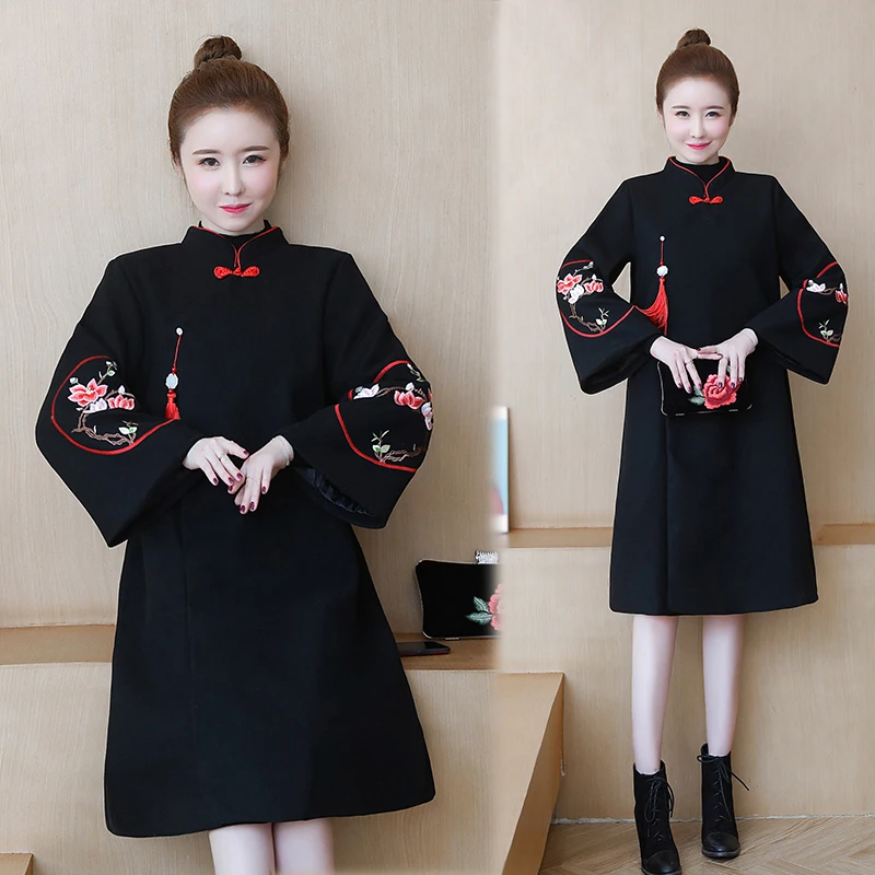 Китайский стиль традиционный Восточный Чонсам свадебное платье вышивка qipao Свободные Шерстяные Теплые cheongsam зимний женский халат