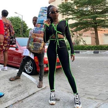 

New 2020 autumn and winter women's color contrast long sleeve cardigan high waist hip-covered trousers casual suit for women