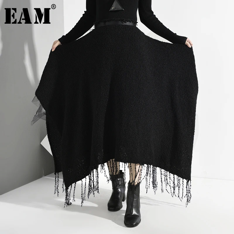 

[EAM] High Waist Black Asymmetrical Tassels Temperament Half-body Skirt Women Fashion Tide New Spring Autumn 2020 JK12701