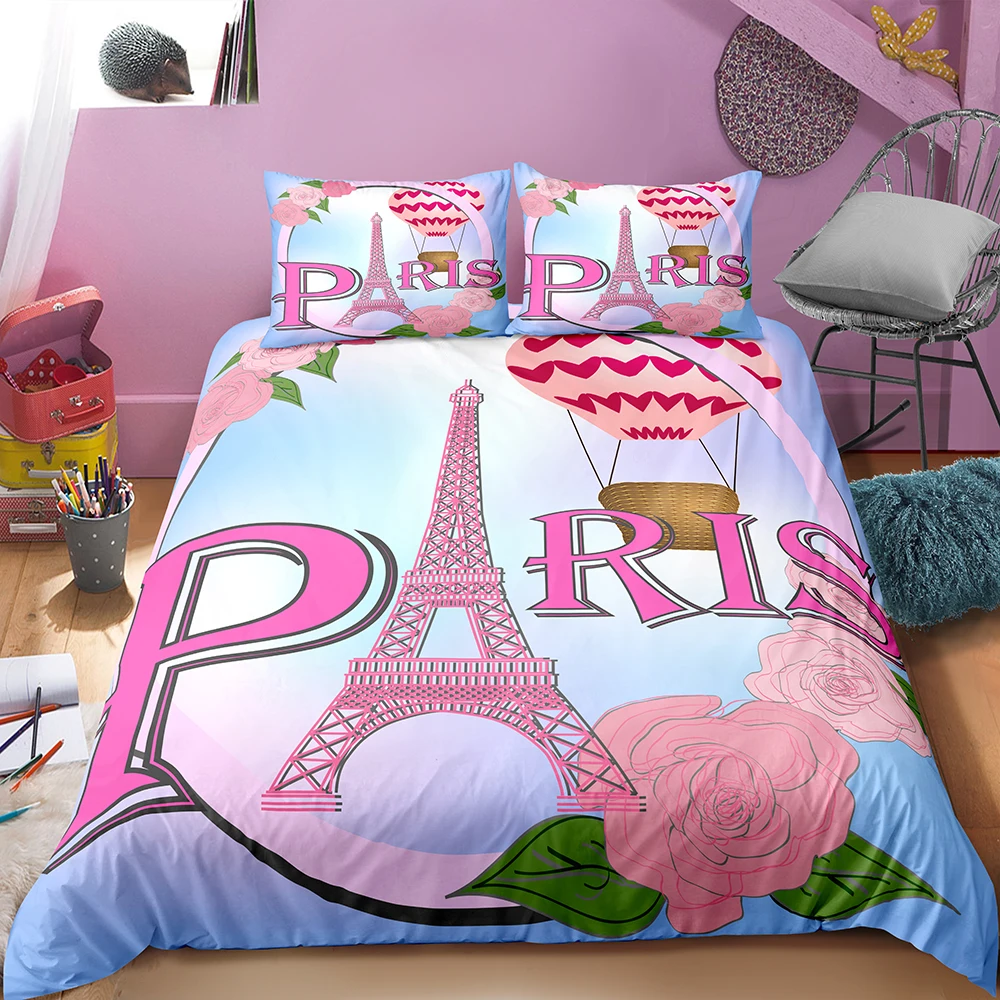 Romantic Hot Air Ball Travel Bedding Paris Tower Rose Duvet Cover