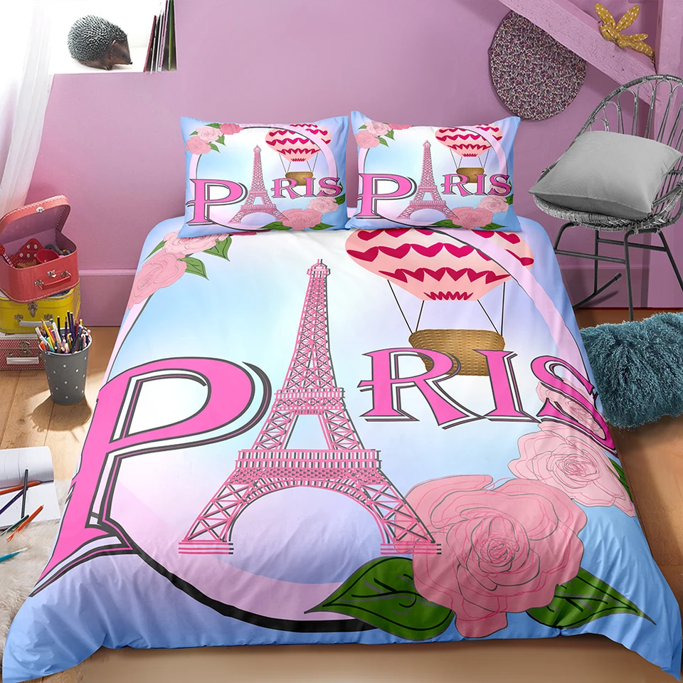 Romantic Hot Air Ball Travel Bedding Paris Tower Rose Duvet Cover