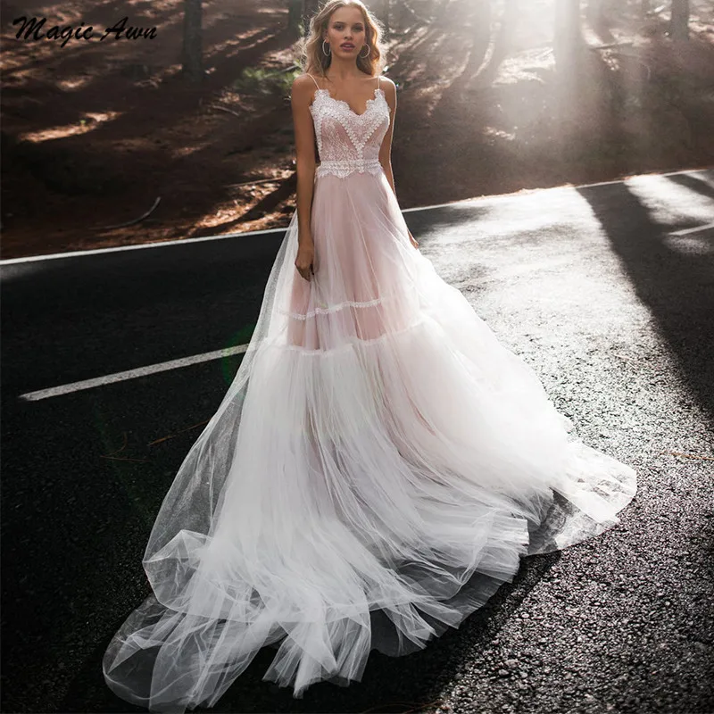 

Magic Awn 2021 Pink Beach Wedding Dresses Lace Appliques Illusion Boho Backless A-Line Wedding Party Gowns For Women Vestidos