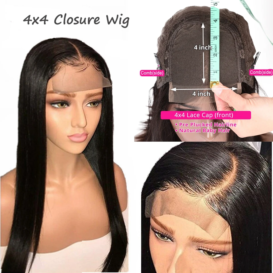 

4x4 lace closure wigs Remy hair extension real human hair straight brazilian wigs for black with baby hair pre plucked near me