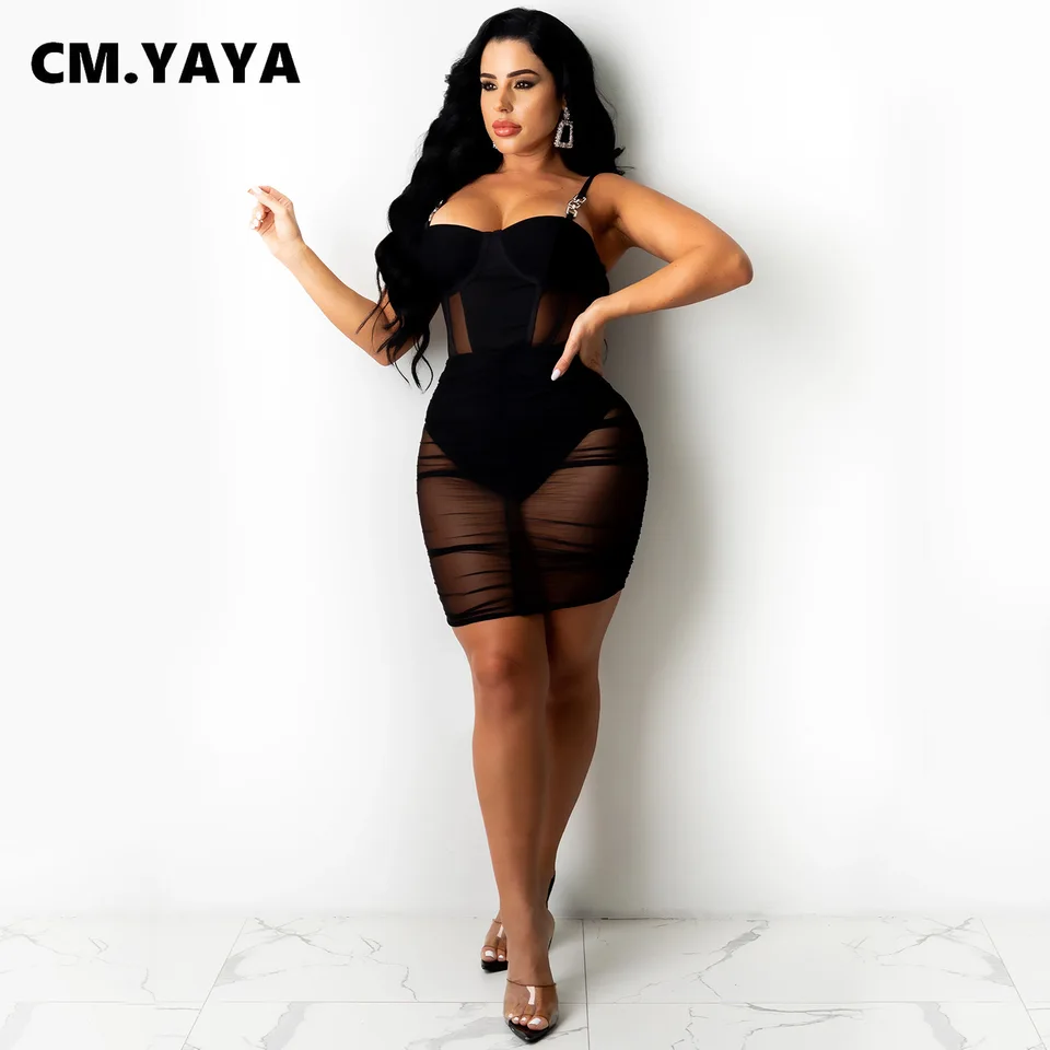 CM.YAYA Women Mini Dress Sequins Mesh See Through Strap Bodycon