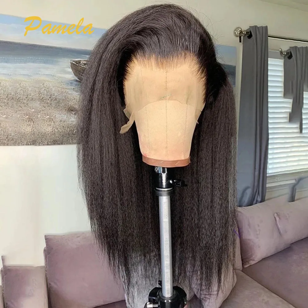 Double Texture Kinky Straight Preplucked Wigs 4x4 5x5 Lace Closure Yaki Straight Glueless Wig Human Hair Ready To Wear For Women