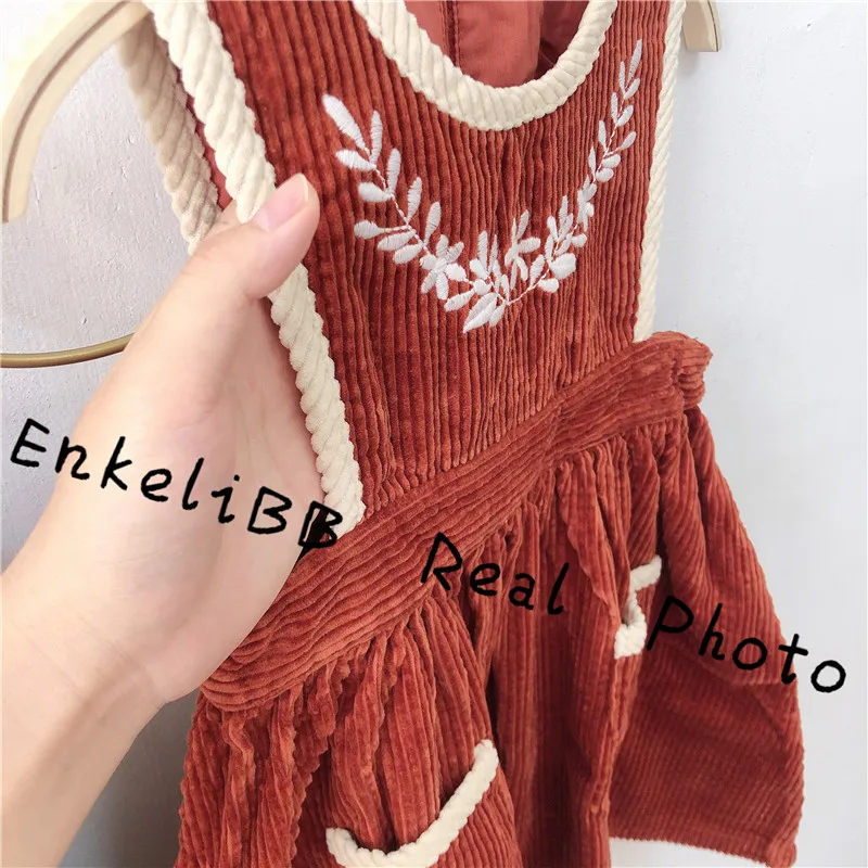 Caramel Kids Girls Fall Corduroy Dress Toddler Girl Winter Vintage Embroidered Dress Quality Baby Girl Autumn Clothes Pocket