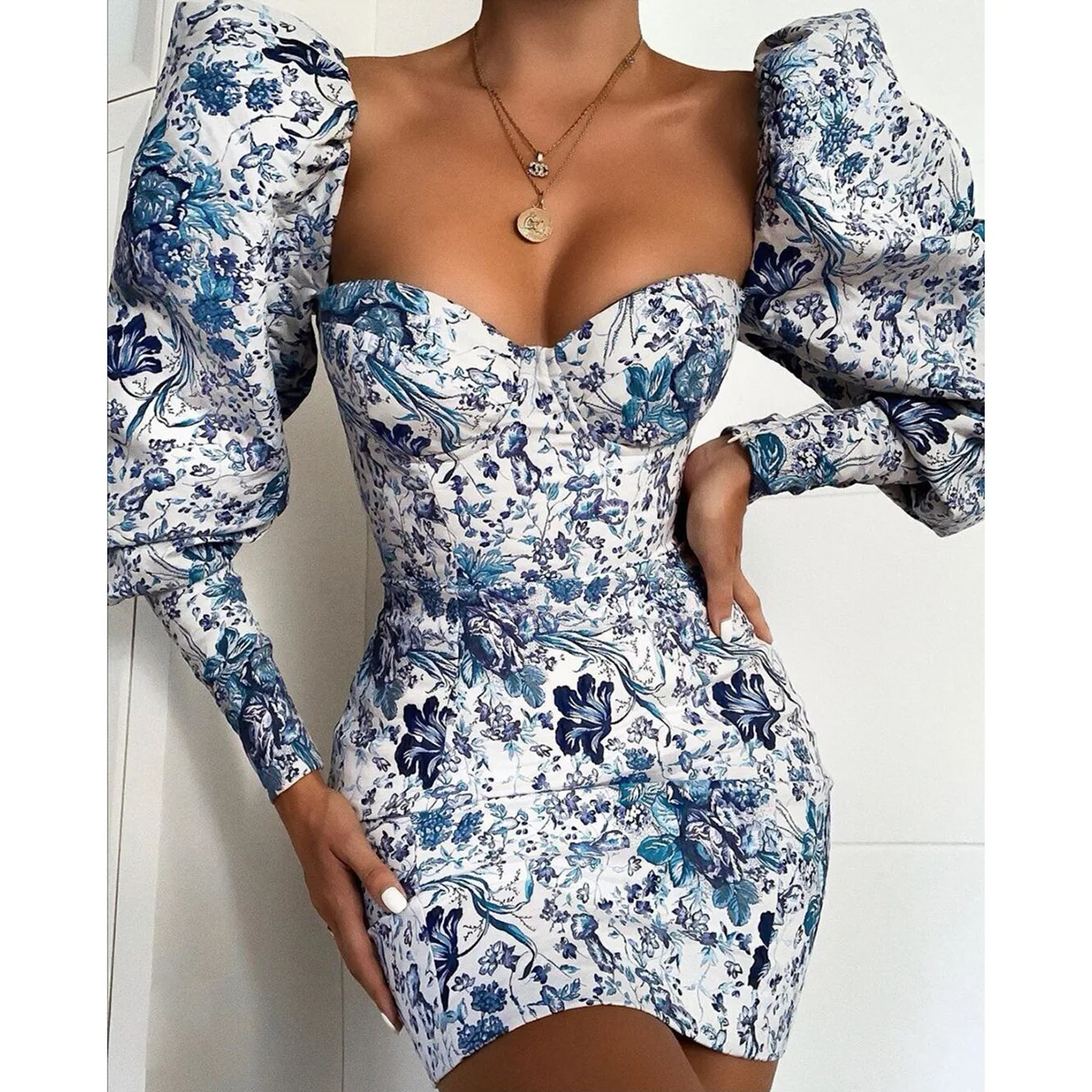 

2019 Deep V Ruffle Princess Sleeve Mini Dress Long Puff Sleeve Flower Printing Pencil Bodycon Autumn Ladies High Street Dress