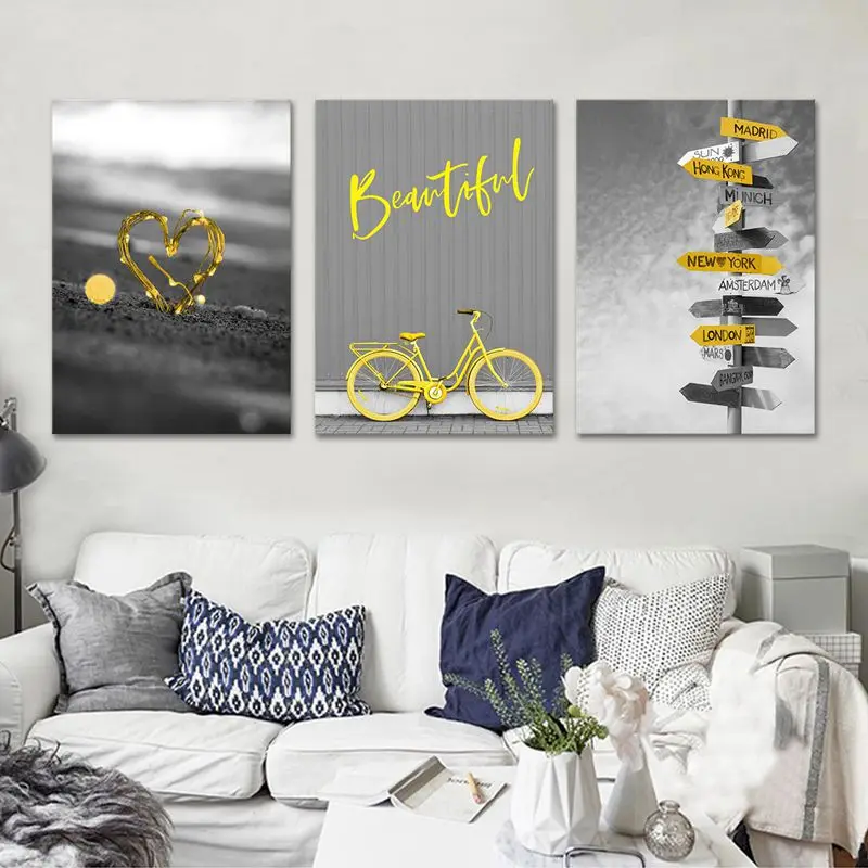 Nordic Canvas Painting Yellow Bicycle Canvas Prints Poster Yellow Heart