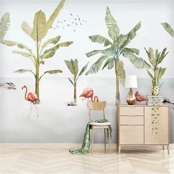 

Milofi custom 3D wallpaper mural Nordic small fresh plants seaside banana tree flamingo TV background wall