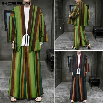 

Mens Suit INCERUN Men Vintage Striped Sets Long Sleeve V Neck Tops Wide Leg Pants Suits Cotton Lace Up Chinese Style Sets S-5XL