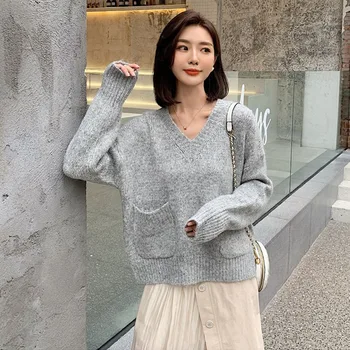 

New Autumn Winter Harajuku Female Knitting Drop Shoulder Double Pockets Sweater Loose Pullover Grey Blue Khaki Sweater Oversized