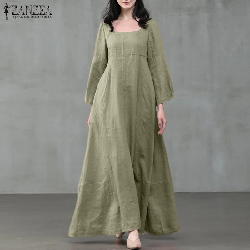 Retro Square Neck Maxi Dress Womens Autumn Sundress ZANZEA 2020 Casual Flare Sleeve Vestidos Female Solid Robe Oversized 5XL