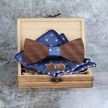 

2020 Men Striped Pocket square Bowtie Wood Wedding Novelty Gift Party tie Wooden Bow Tie Brooches Handkerchief Cufflinks Box Set