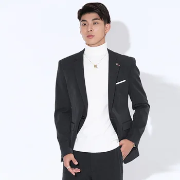 

Four Seasons Men Slim Fit Gray Suit White Insert Towel Youth Male Suit Coat