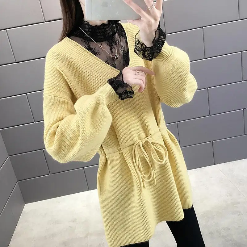 yellow Новинка, Женский весенне-осенний модный свитер, женский свитер с длинным рукавом и кружевной прострочкой, повседневный вязаный пуловер для девушек, Новая Вязаная одежда Y93 - Цвет: yellow