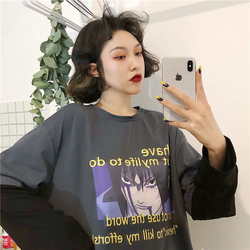 Серый Летняя уличная одежда в стиле панк с героями мультфильмов Harajuku, крутые женские футболки унисекс Ulzzang, японские поддельные футболки из двух частей с забавным принтом аниме - Цвет: Серый