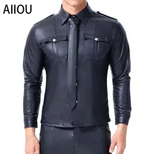 AIIOU Сексуальная черная рубашка из искусственной кожи с длинными рукавами мокрого вида крутая майка латексная рубашка мужская форма Клубная одежда ночной сценический костюм