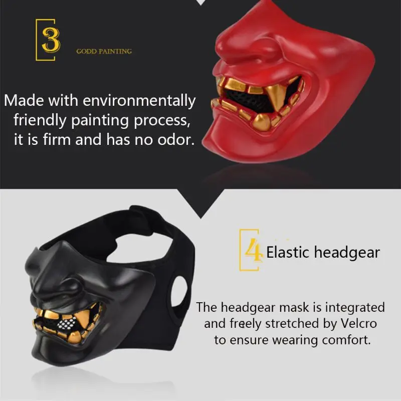 Half Face Mask Cosplay Kabuki Samurai Devil Tactical Halloween Party Festival Prom COS Devil Horror Face