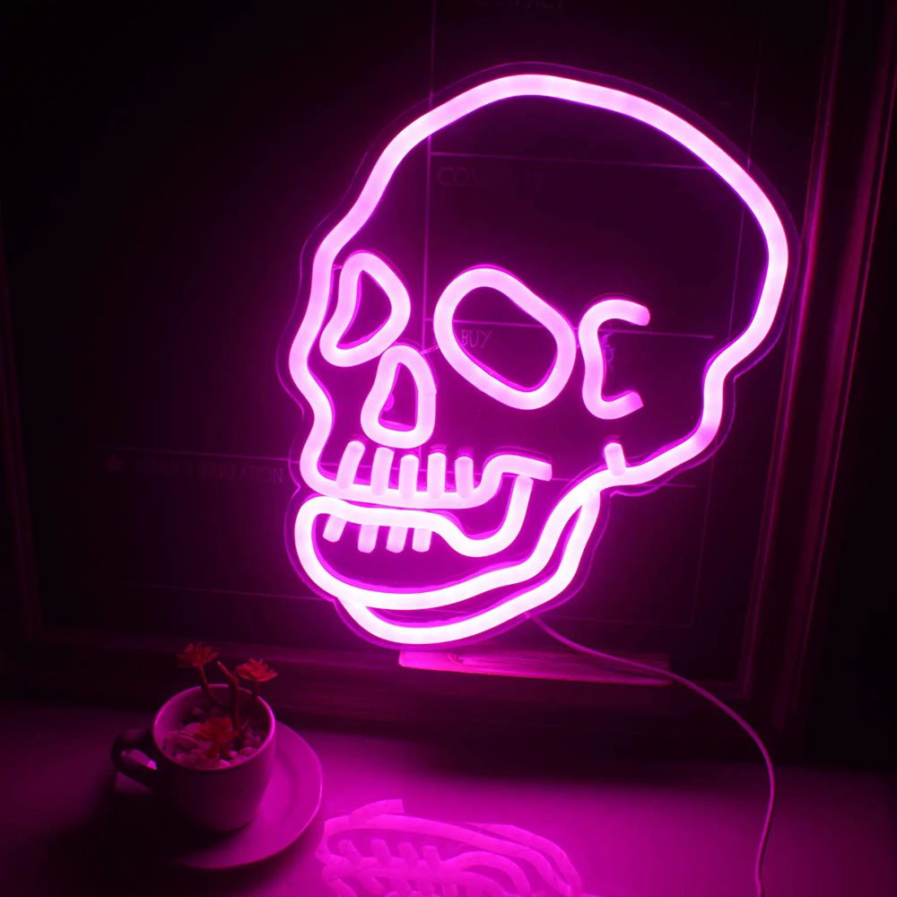 Pink Skeleton Skull Neon Signs Pink Ghost Led Neon Sign Wall Night Lights Cool Neon Sign Decor for Room Bedroom Bar Christmas Halloween Birthday Party Supply
