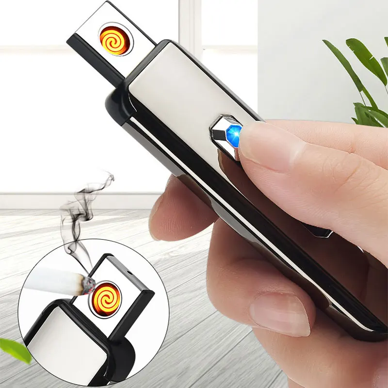 Usb зарядка Зажигалка Сенсорное зондирование ветрозащитный электронный ультра-тонкий Электрический нагревательный провод прикуриватель Защита окружающей среды