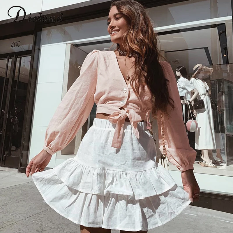 

DICLOUD Casual V Neck Button Pink Blouse Women Spring Autumn Solid Cropped Top Long Sleeve Elegant Shirts Female Streetwear