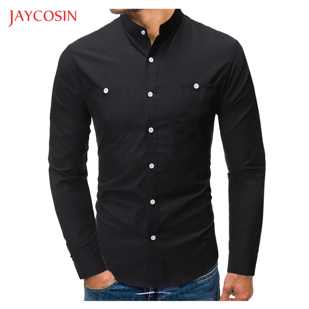Joycosin зимняя мужская рубашка Новая модная мужская одежда сплошной цвет двойной карман длинный рукав воротник с отворотом Мужская официальная рубашка