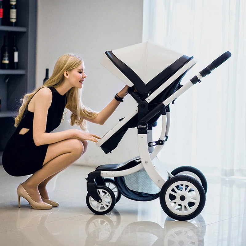 Luxury Baby Stroller 3 in 1 2020 New PU leather baby stroller and car seat High Landscape Portable Pushchair white pram | Мать и ребенок