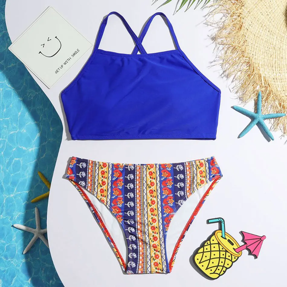 

High Neck Girl Bikini Set Ethnic Print Girl Swimsuit Kids Two Piece Children's Swimwear 7-14 Years Girls Bathing Suit Beachwear